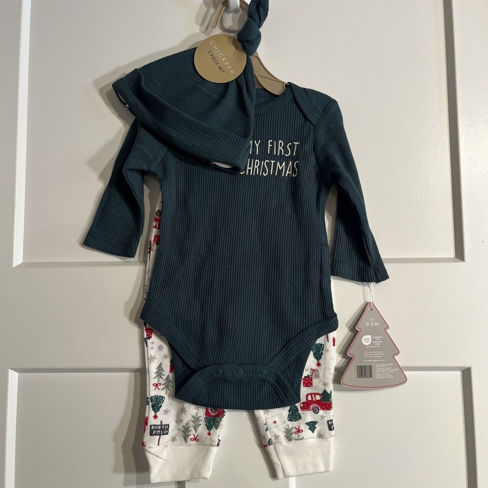 Chickpea Baby My First Christmas 3 Piece Pajama Set Teal Red Truck 0-3M NWT